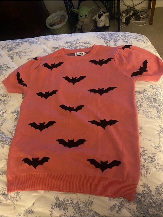 OXKnit Sweaters - OXKNIT Coral Pink Crewneck Sweater with Black Bat Motif